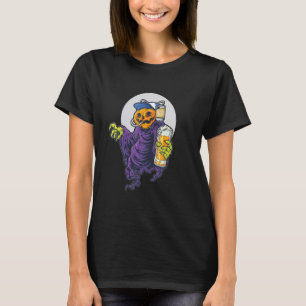 Scary Evil Jack O' Lantern Drinking Beer Halloween T-Shirt
