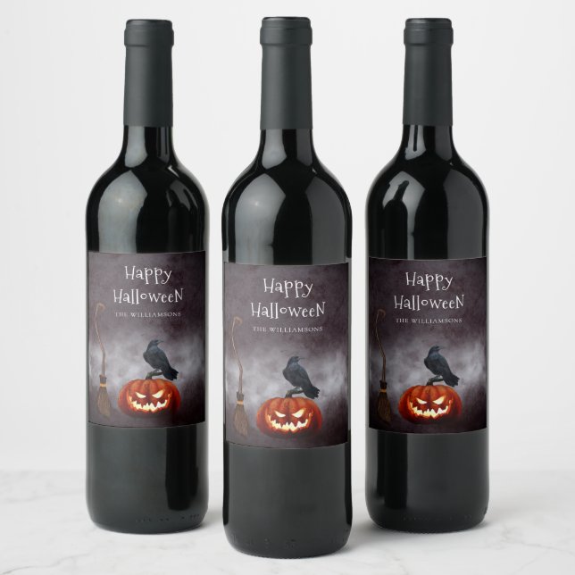 Scary Evil Pumpkin Happy Halloween Personalised Wine Label (Bottles)