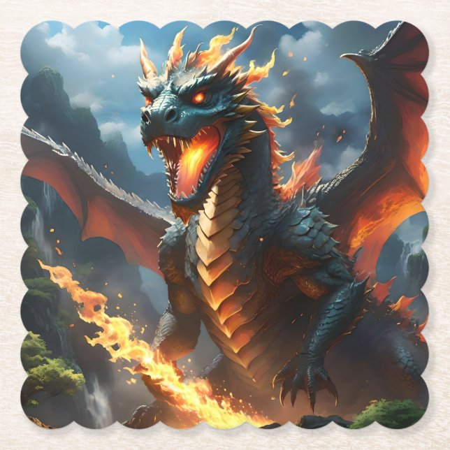 Scary Fire Breathing Dragon, Paper Coaster (Front)