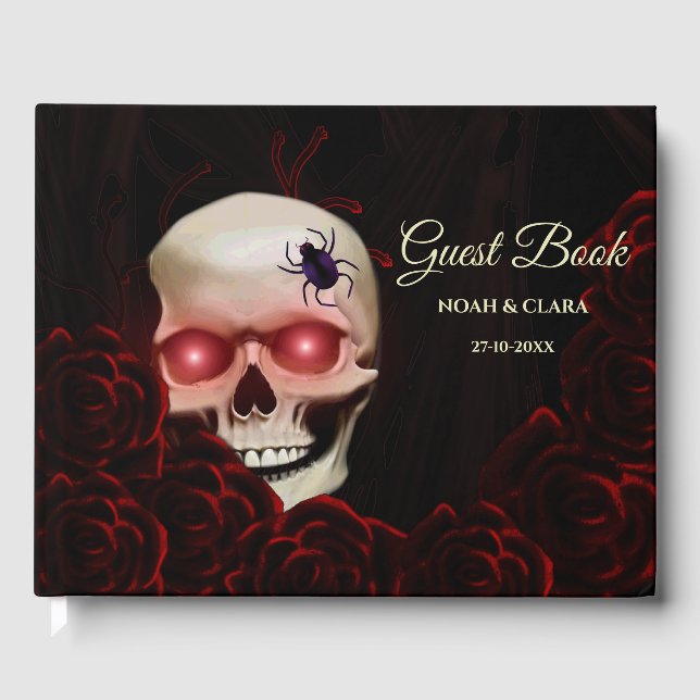 Scary floral dark moody gothic skull halloween guest book (Front)