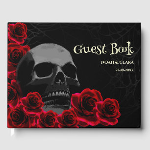 Scary floral Gothic Skull and Red Roses Halloween Guest Book