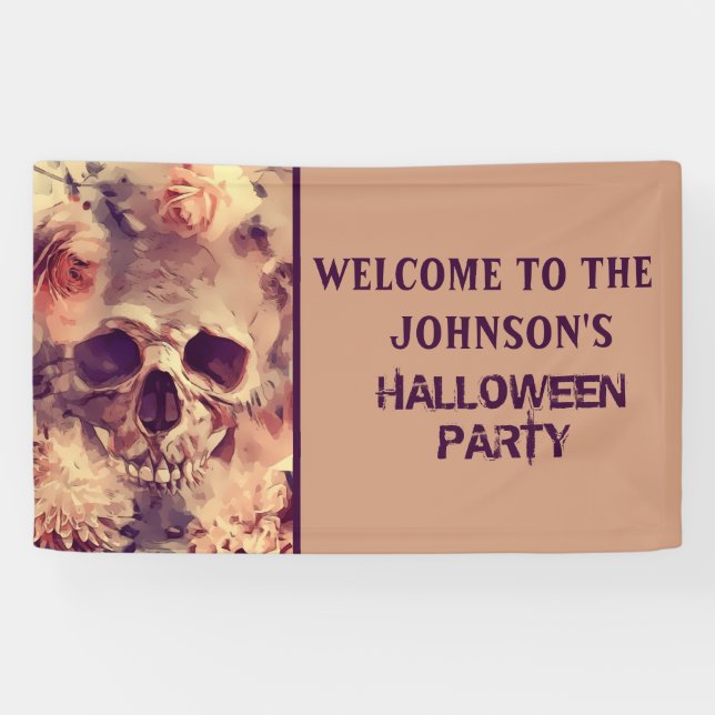 Scary Floral Skull Halloween Party Banner (Horizontal)