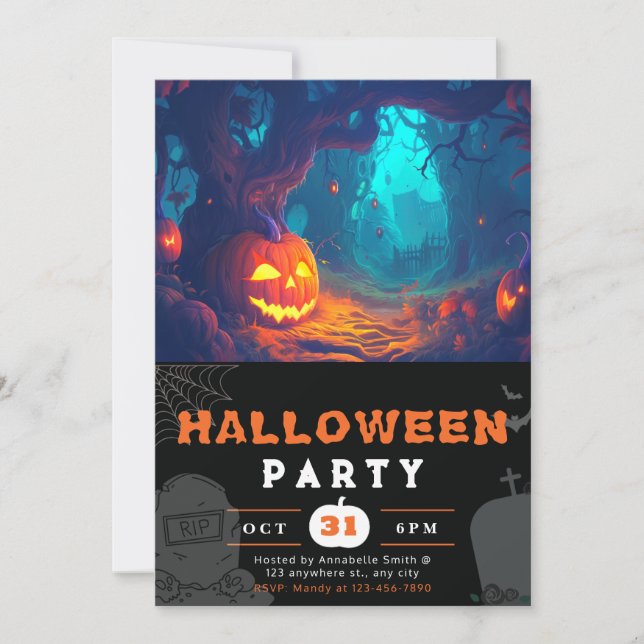 Scary Forest and Jack-O' Lanterns Black Halloween Invitation (Front)