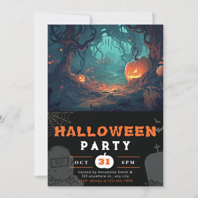 Scary Forest and Jack-O' Lanterns Black Halloween Invitation (Front)