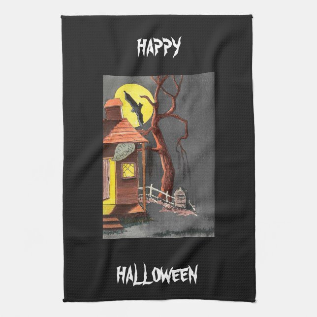 Scary Fun Halloween Bat Haunted House Tea Towel (Vertical)