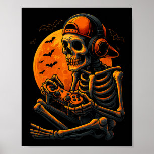 Scary Gamer Halloween Creepy Skeleton Playing Vide Poster