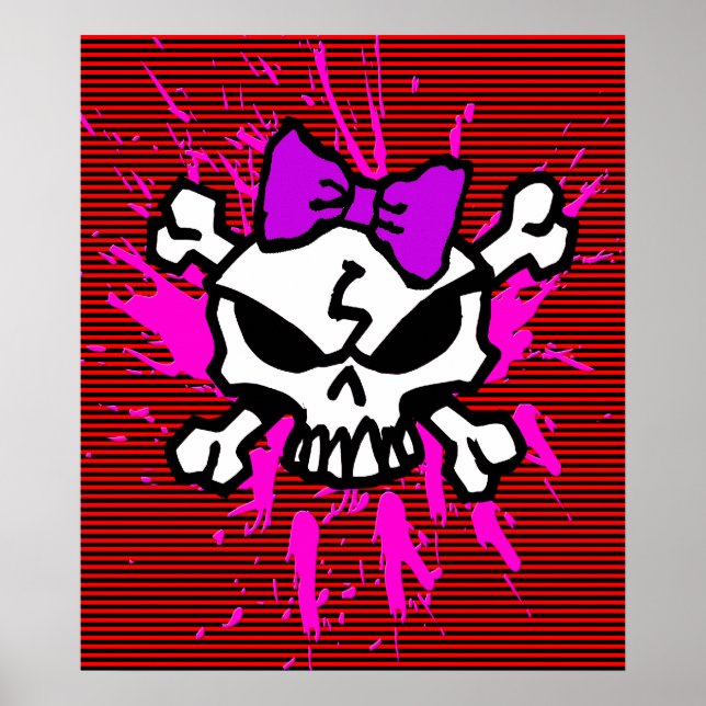 SCARY GIRL SKULL WITH SPLATTERS AND STRIPES POSTER (Front)