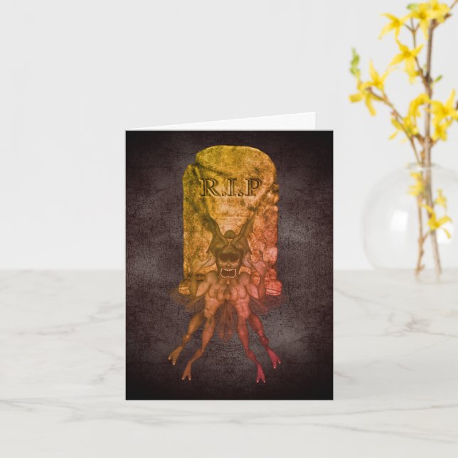Scary Goblin Tombstone Halloween Note Card (Yellow Flower)