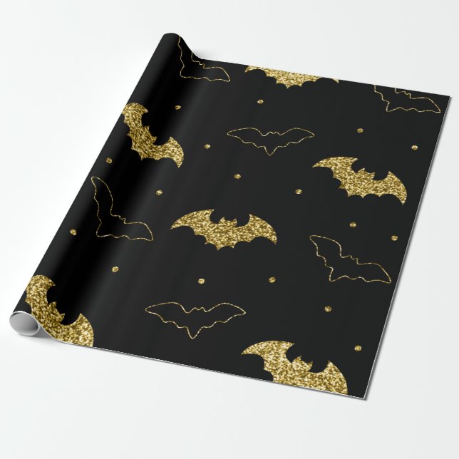 Scary Gold Black Bats Celestial Halloween Gift Wrapping Paper (Unrolled)