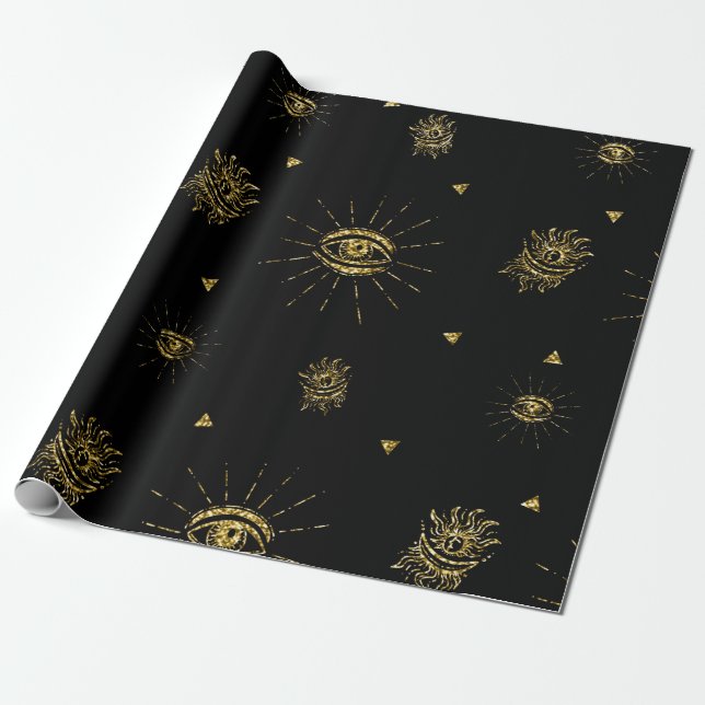 Scary Gold Black Eye Celestial Trick or Treat  Wrapping Paper (Unrolled)
