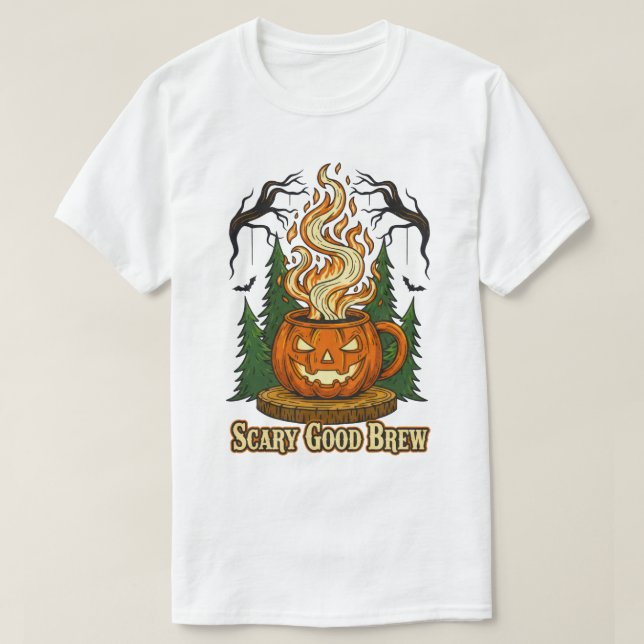 Scary Good Brew Pumpkin Coffee Halloween Art T-Shirt (Design Front)