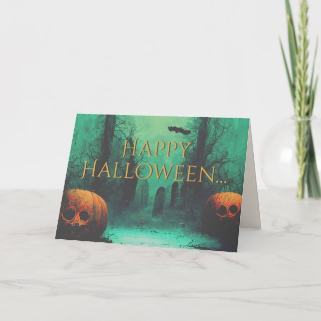 Scary Graveyard and Carved Pumpkins Halloween Card (Front)