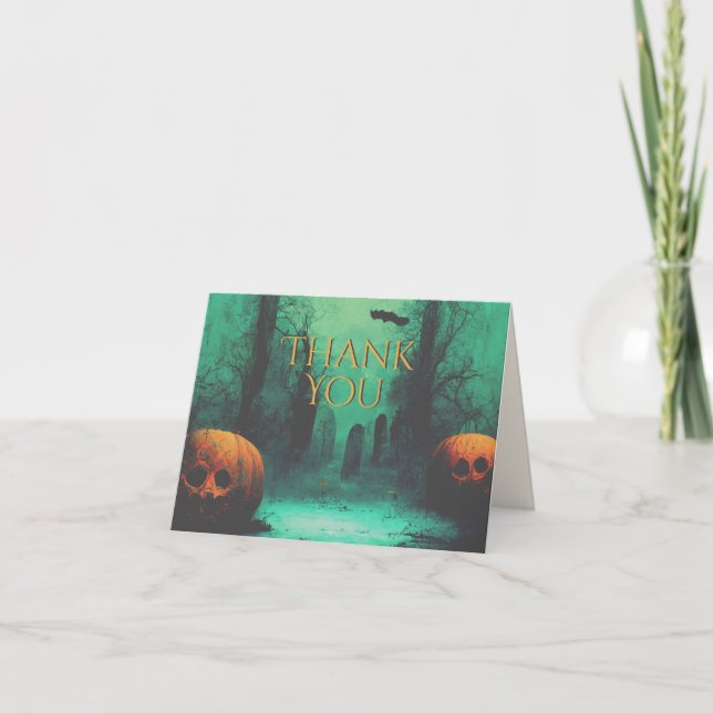 Scary Graveyard and Carved Pumpkins Halloween  Thank You Card (Front)