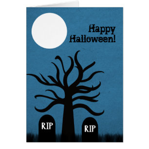 Scary Graveyard Halloween Card, Dark Blue