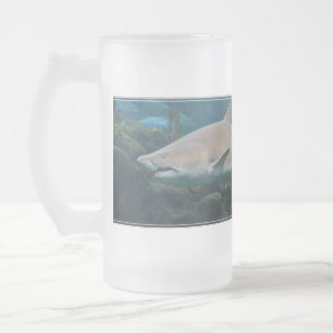 Scary Great White Shark Frosted Glass Beer Mug