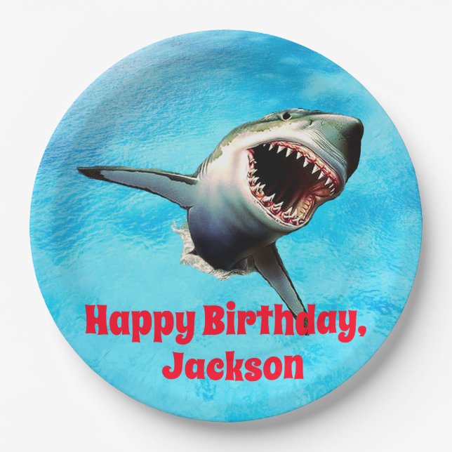 Scary Great White Shark Leaping Paper Plate (Front)