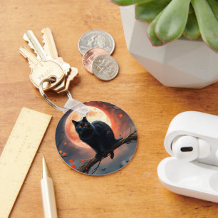 Scary Halloween Black Cat Moonlight, Key Ring