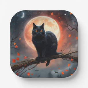 Scary Halloween Black Cat Moonlight, Paper Plate
