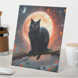 Scary Halloween Black Cat Moonlight, Pedestal Sign
