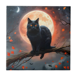 Scary Halloween Black Cat Moonlight,  Tile
