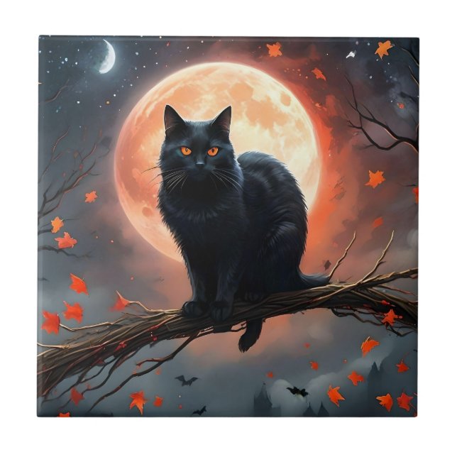 Scary Halloween Black Cat Moonlight,  Tile (Front)