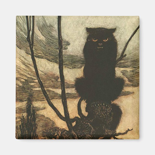 Scary Halloween Black Cat Vintage Rackham Magnet (Front)