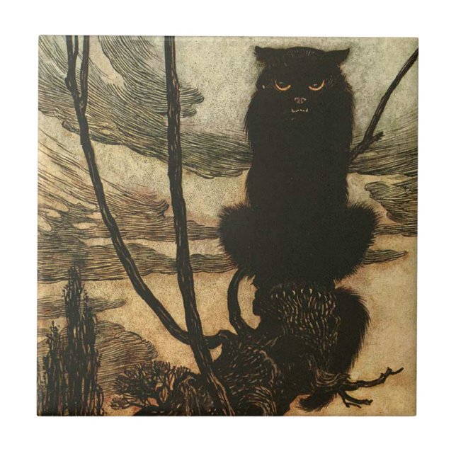 Scary Halloween Black Cat Vintage Rackham Tile (Front)