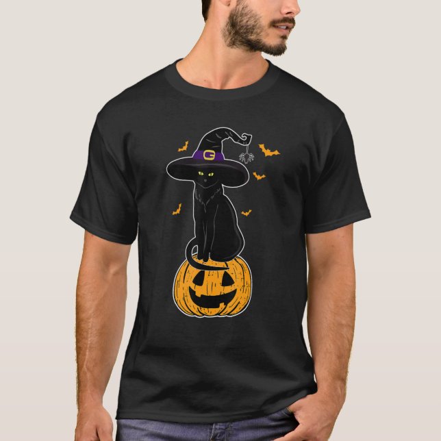 Scary Halloween Black Cat Witch Hat Cat Owners Jac T-Shirt (Front)