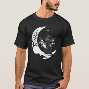 Scary Halloween Black Cat Witch Hat & Moon Hallowe T-Shirt
