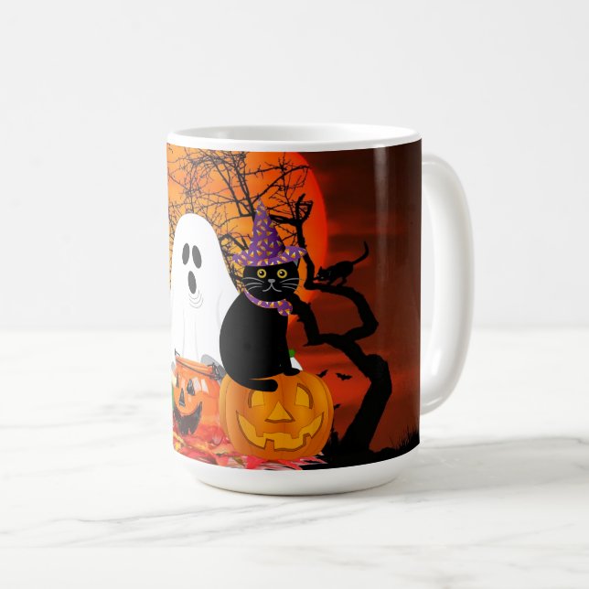 Scary Halloween Ghost and Black Cat  Coffee Mug (Front Right)