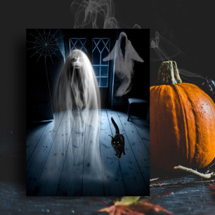 Scary Halloween Ghost and Black Cat Postcard