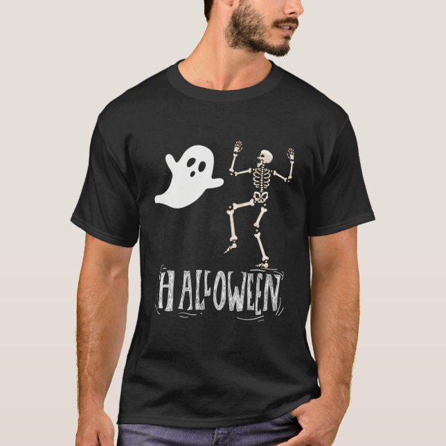 Scary Halloween Ghost And Funny Skeleton T-Shirt (Front)