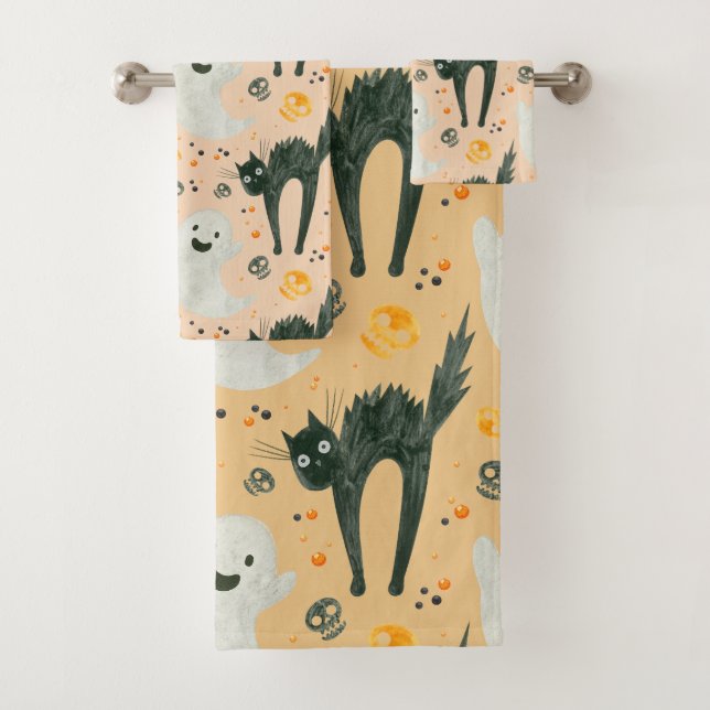 Scary Halloween Ghosts & Cats Bath Towel Set (Insitu)