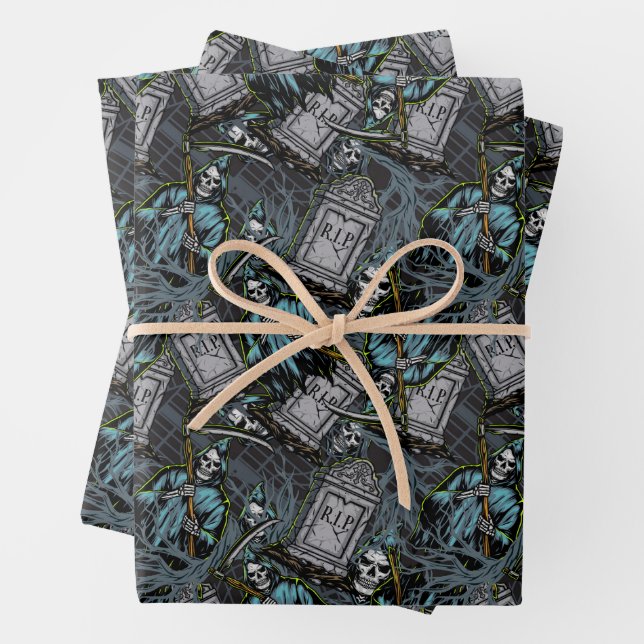 Scary Halloween Grim Reaper Grave Stones Wrapping Paper Sheet (In situ)
