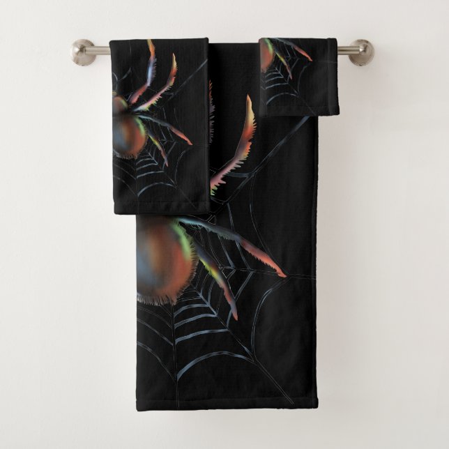 Scary Halloween Metallic Spider And Web Bath Towel Set (Insitu)
