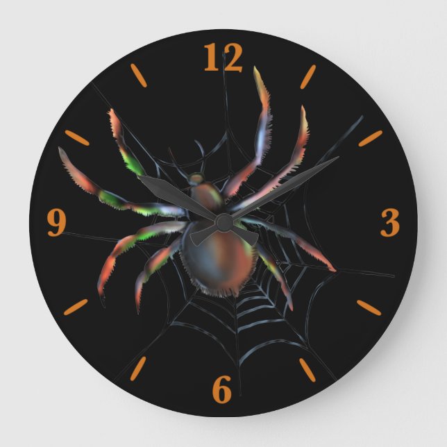 Scary Halloween Metallic Spider And Web Large Clock (Front)