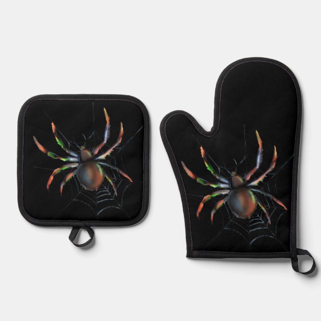 Scary Halloween Metallic Spider And Web Pickleball Oven Mitt & Pot Holder Set (Front)