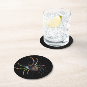 Scary Halloween Metallic Spider And Web Round Paper Coaster