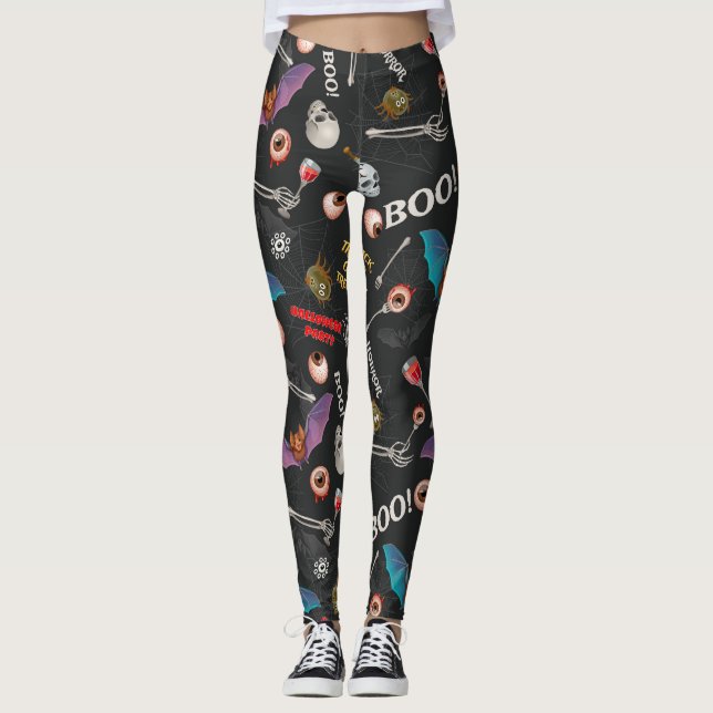 Scary Halloween Modern Icons Skull Bat Eyeballs Leggings (Front)