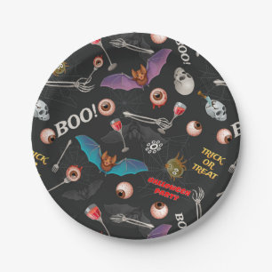 Scary Halloween Modern Icons Skull Bat Eyeballs Paper Plate