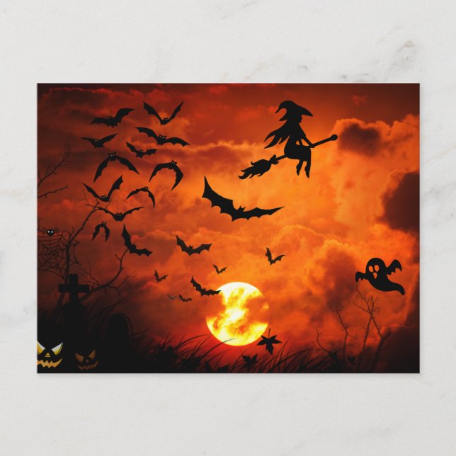 Scary Halloween Night - Witch, Bats, Ghost Holiday Postcard (Front)