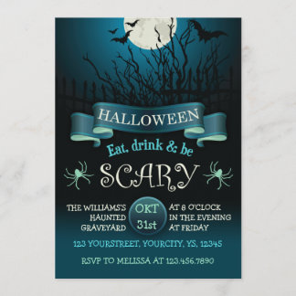 Scary Halloween party invitation in dark blue