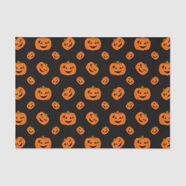 Scary Halloween Pumpkin Repeat Pattern on Black Tissue Paper (Front)
