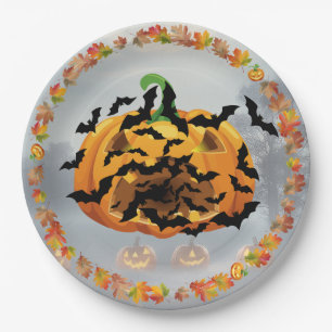 Scary Halloween Pumpkin With Bats Paper Plate
