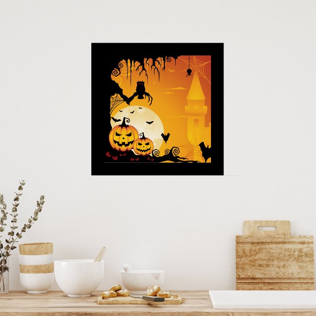 Scary Halloween Pumpkins and Full Moon Poster (Kitchen)