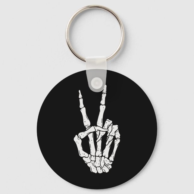 Scary Halloween Skeleton Peace Hand Sign  Key Ring (Front)