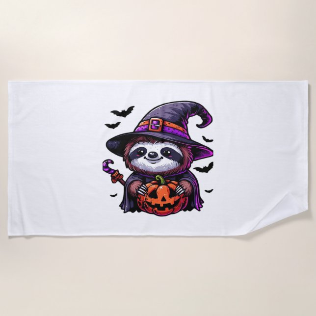 Scary Halloween Sloth Witch Hat Costume Spooky Sea Beach Towel (Front)