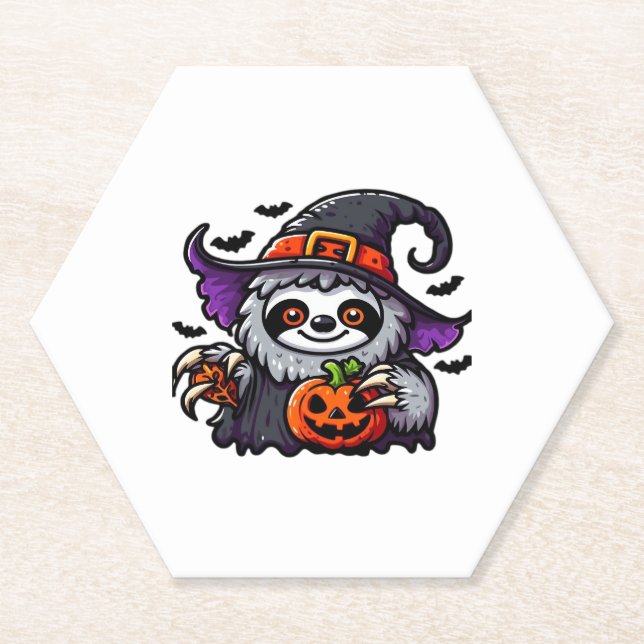 Scary Halloween Sloth Witch Hat Costume Spooky Sea Paper Coaster (Front)
