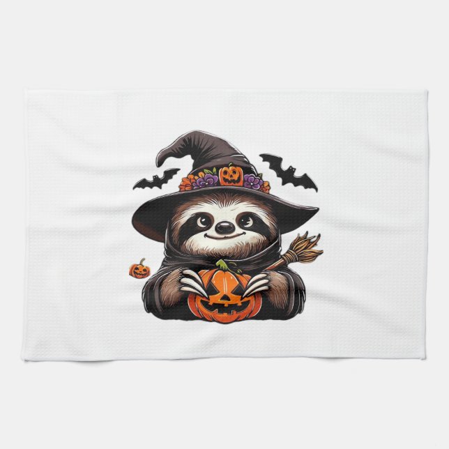 Scary Halloween Sloth Witch Hat Costume Spooky Sea Tea Towel (Horizontal)