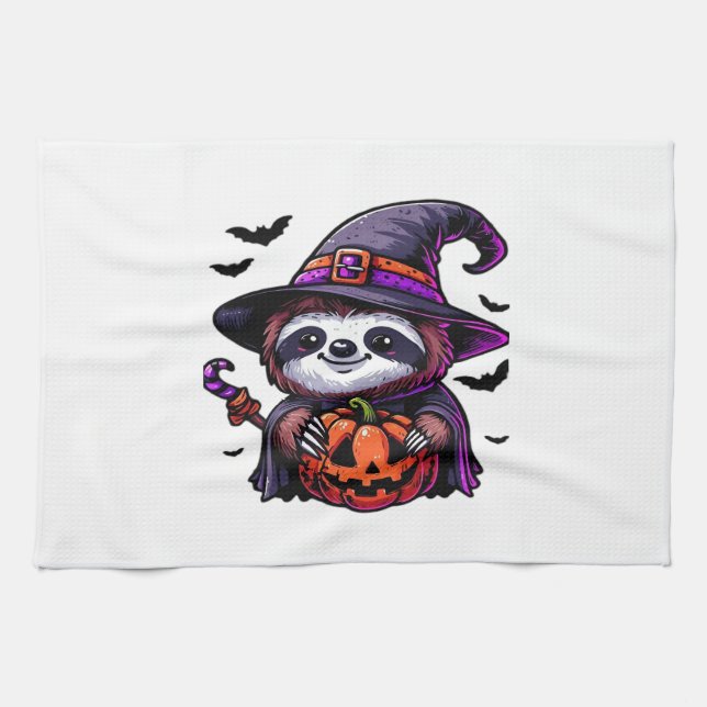 Scary Halloween Sloth Witch Hat Costume Spooky Sea Tea Towel (Horizontal)